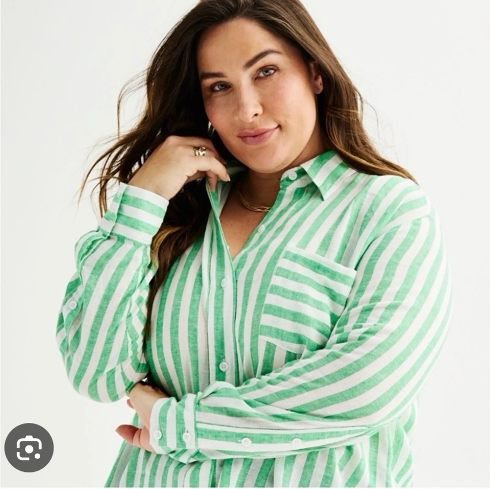 Sonoma Green and White Linen Blend Button Down Striped Shirt Size XL